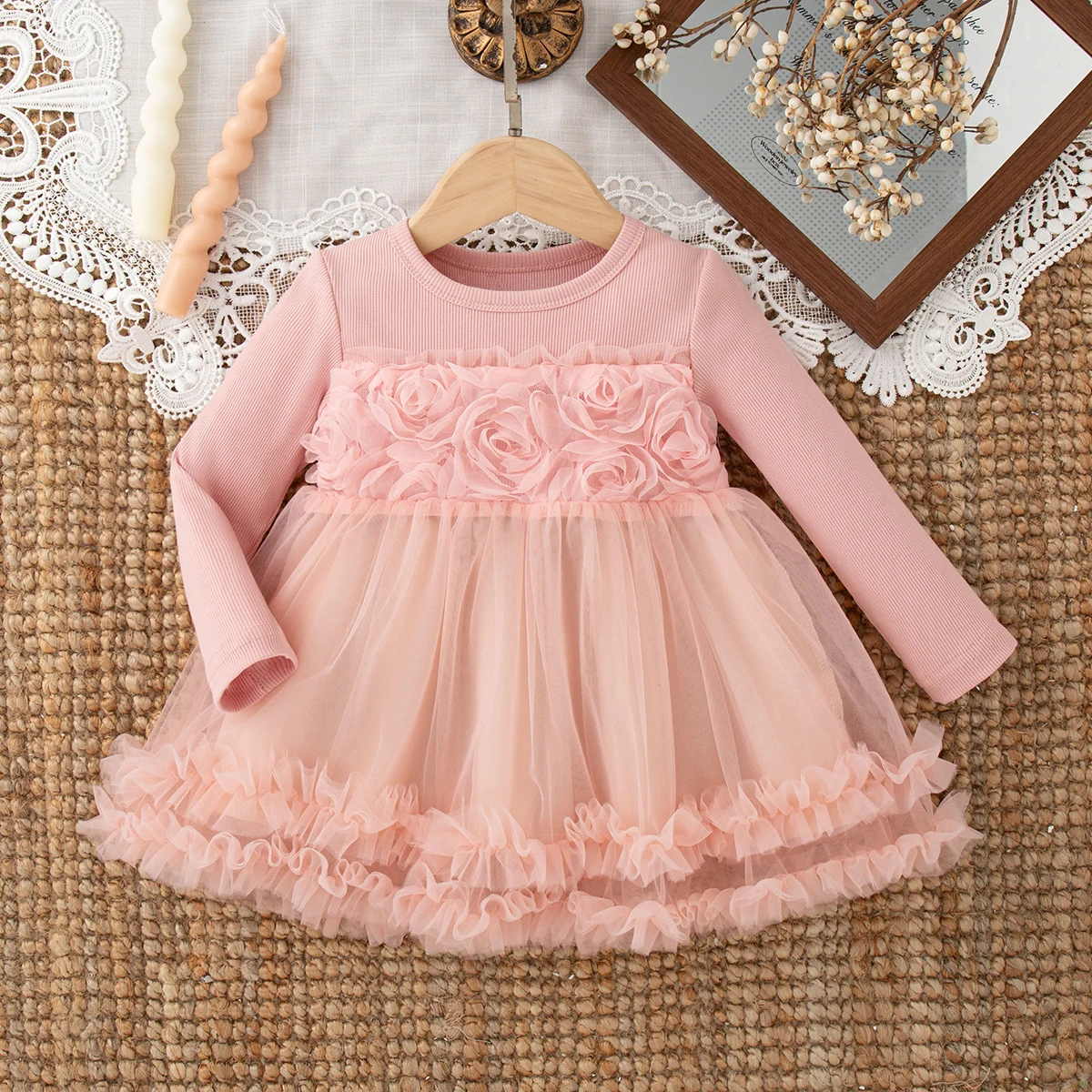 Baby Girl Dress Fall/Winter Cotton Solid Color Rose Lace Long Sleeve Girls Dresses Simple And Cute Birthday Party Baby Clothes