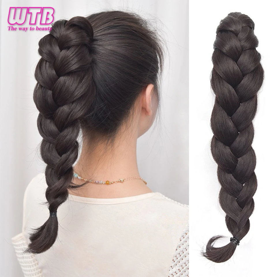 Synthetic Fiber Braided Ponytail Female Grip Ponytail Hair Extension Black Ponytail with Rope High Temperature Fiber Hair