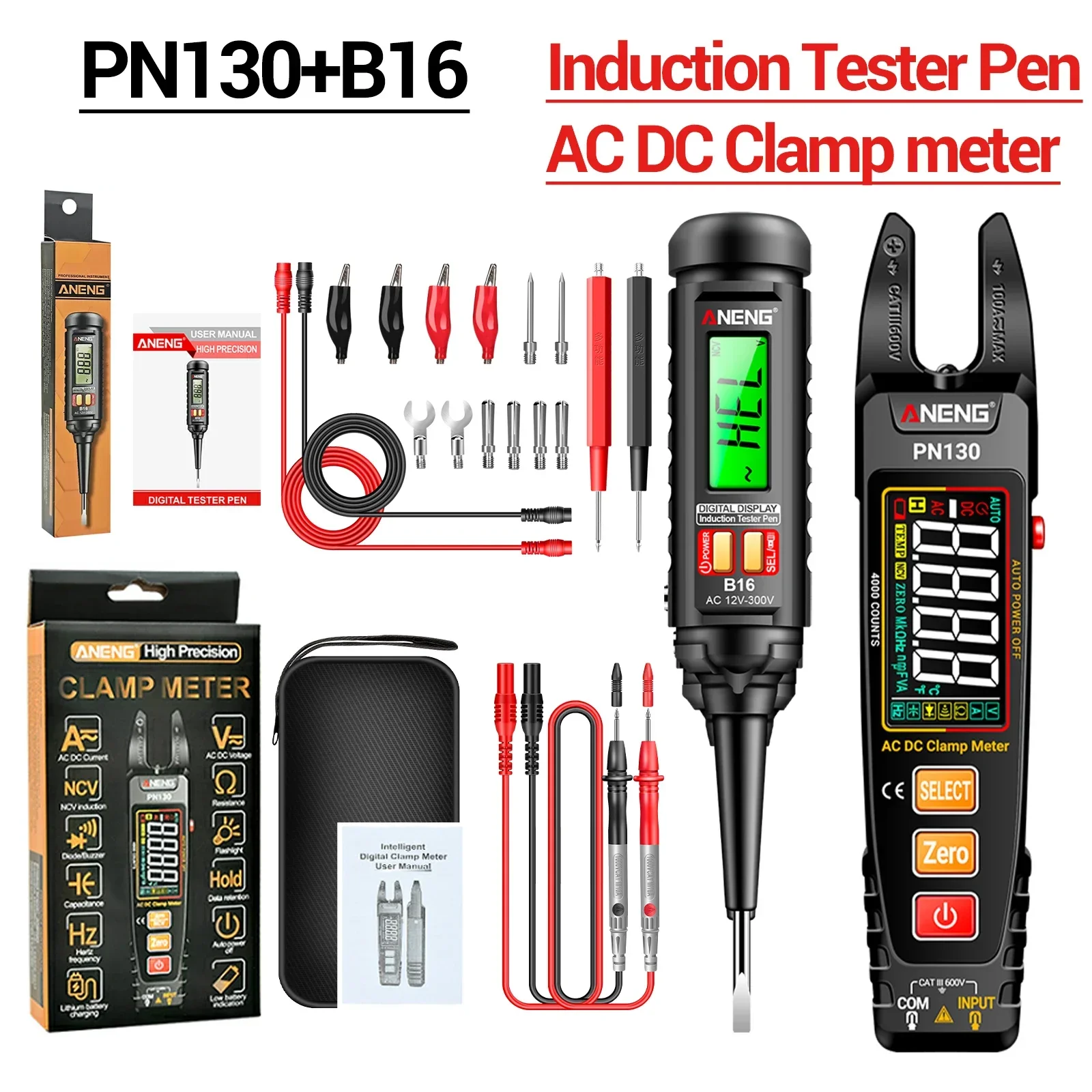 ANENG PN130 Multimeter met klem, VA-kleurenscherm, Type C opladen, inclusief B16 slimme inductieve spanningspen en circuittestgereedschapset.