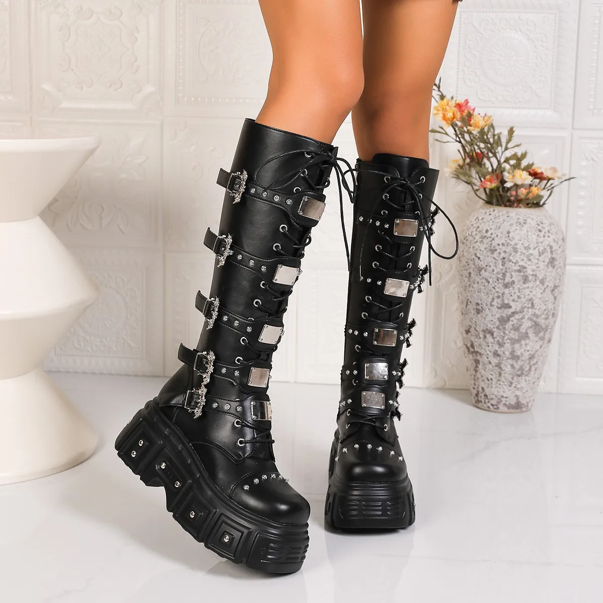 Side Zip Studed Metal Buckle Plus Size Boots Round Toe Platform Wedge Shoes for Women