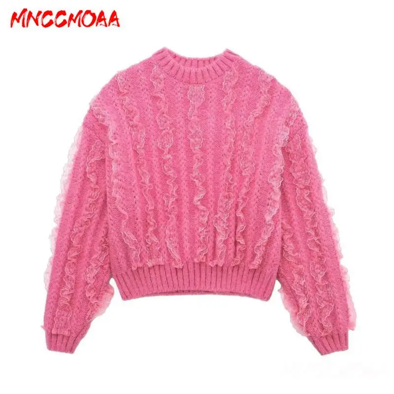 

MNCCMOAA-Women's Round Neck Knitted Sweater, Casual Pullovers, Long Sleeve, Commuting Top, Monochromatic, Fashion, 2024