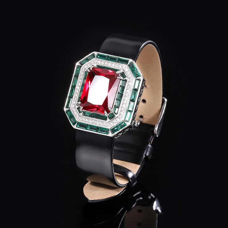 High Carbon Diamond Rectangle Lab Created Emerald Ruby Red Charm Bracelets With Black Leather Belt Chain Jewelry