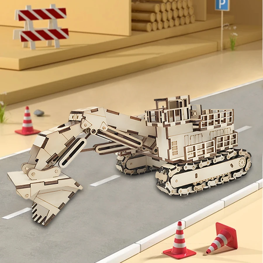 OUZEY 3D Wooden Excavator Puzzle, DIY Construction Vehicle Model Kit, Educational Assembly Toy Gift for Kids & Adults