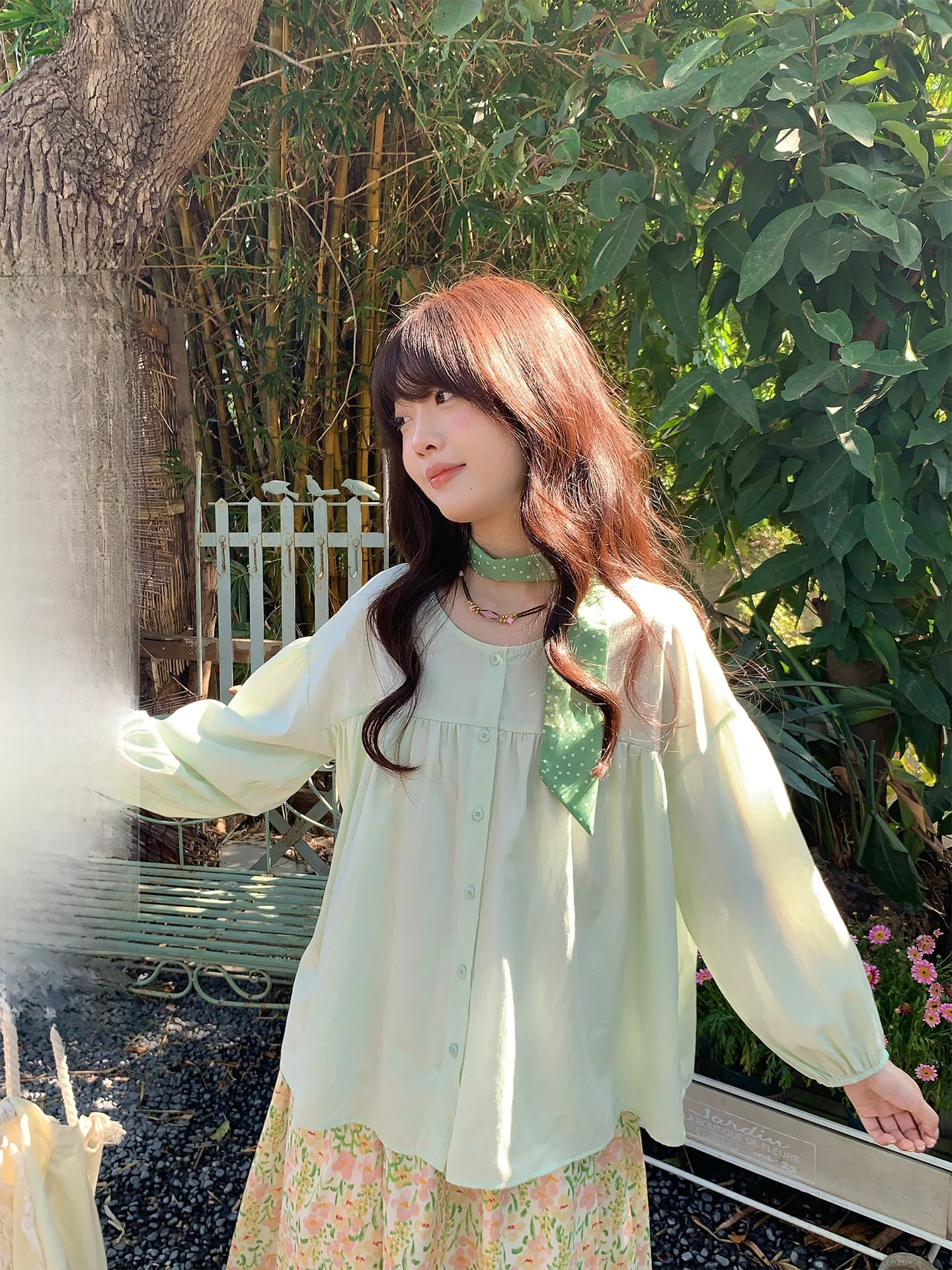 

Holliii Korean Sle Loose Fit round Ne Bubble Sve Single Button Top Anti-Aging Women's irt Skin-Friendly Breathable