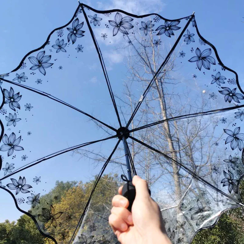 New Wave Edge Retro Transparent Umbrella PVC Cute Mini Fresh Three Folding Arch Butterfly Rose Umbrella Rainproof and Windproof