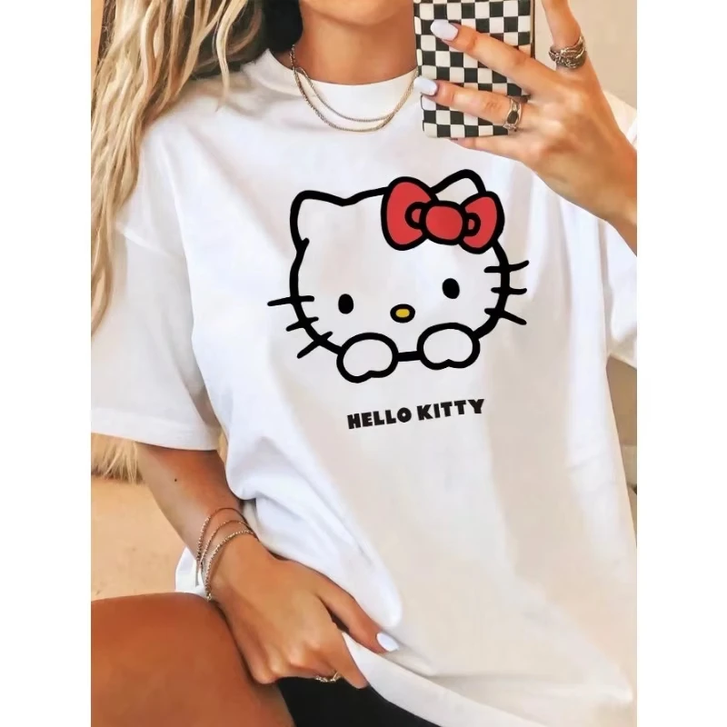 

Halloween Hello Kitty Women T-shirt with Sanrio Cartoon Print Pattern Soft Short Sleeved Daily Outdoor Wear Pure Cotton Clothing