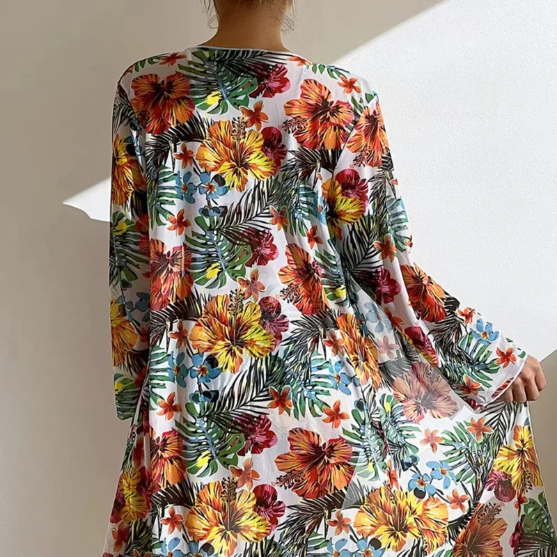 Conjunto de bikini de cintura alta de 3 piezas para mujer 3XL-S - Traje de baño con estampado floral y cubierta de malla de manga larga, traje de baño de talla grande