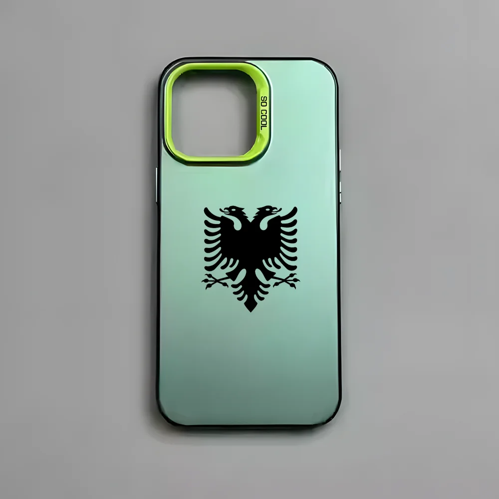 حافظة هاتف بخريطة العلم الألباني لهاتف آيفون 16 15 14 13 12 11 برو ماكس أسود غير لامع متعدد الألوان ليزر معدني أورورا فوندا #6