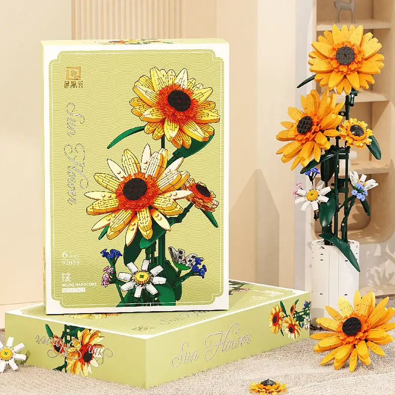 Creative Sunflower Bouquet Potted Building Blocks Immortal Flower Home Desk Plant Decoration Assemble Bricks Toys Kid Girls Gift