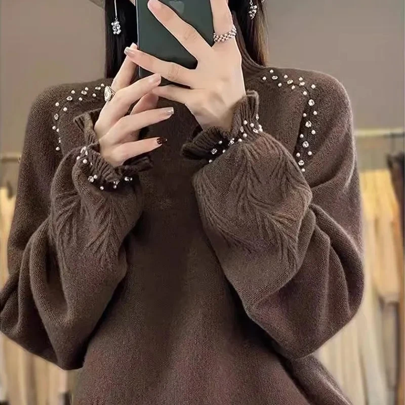 Turtleneck Sweater for Women Autumn/winter 2026 Dingzhu Heavy Industry Loose New Wool Knitted Pullover Top Female Warm Sweaters