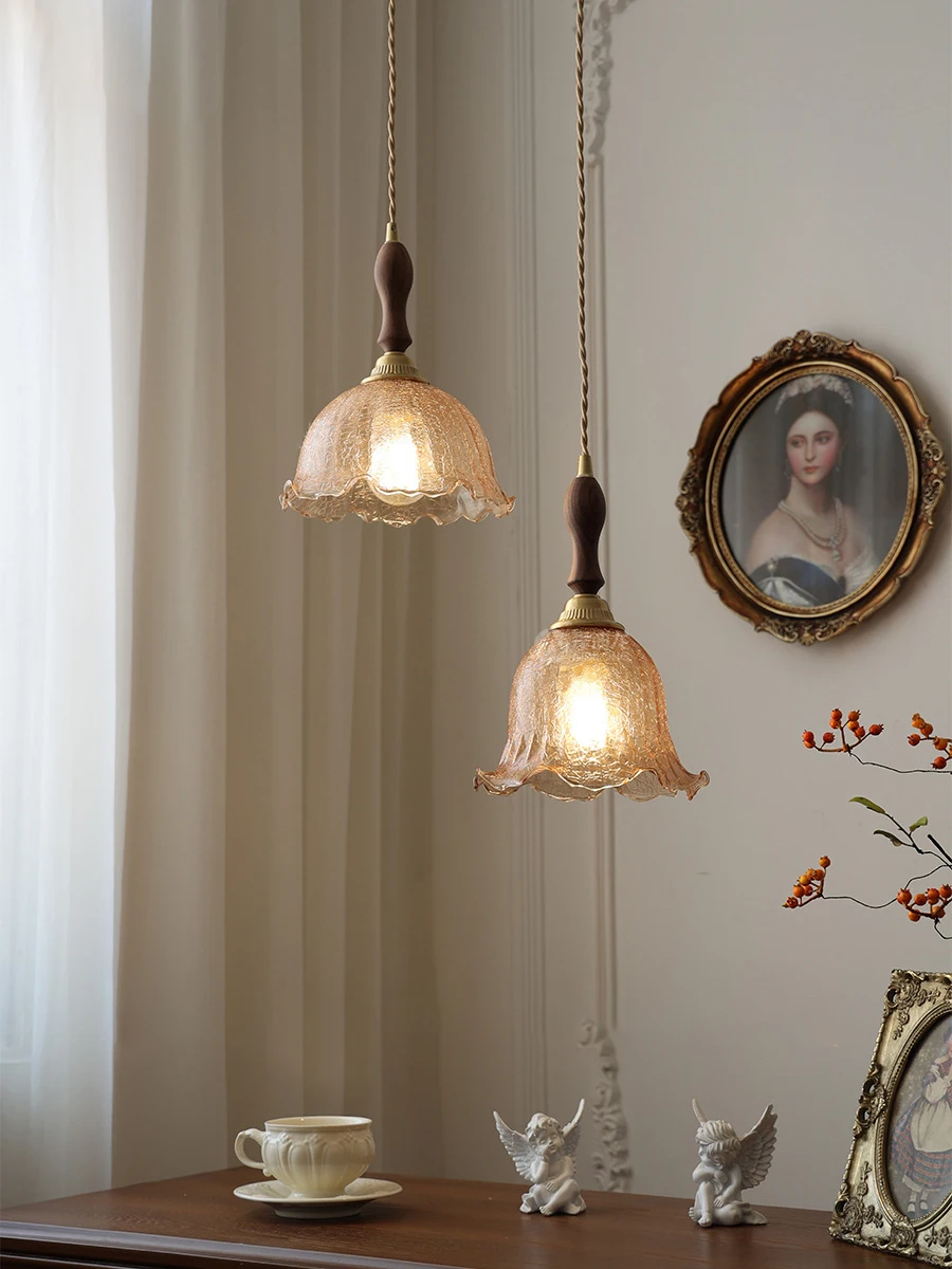 Japanese Cracked Glass Pendant Lights Hanging Lamp Vintage Brass for Bar Dining Table Bedside Bedroom Small Chandelier