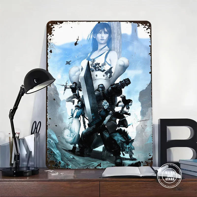 Fantasy VII Characters and Buster Sword 3D Texture Printed Poster Custom Vintage Metal Tin Plate Sign for Wall Art Man Cave Home