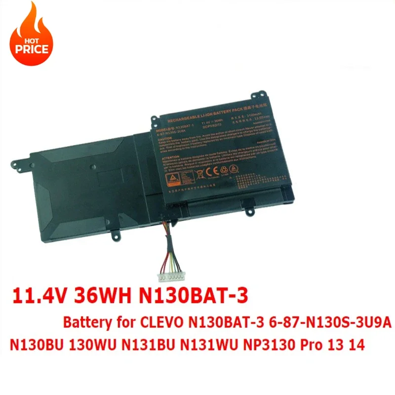 N130BAT-3 Laptop Battery for CLEVO N130BAT-3 6-87-N130S-3U9A  N130BU 130WU N131BU N131WU NP3130 Pro 13 14 11.4V 36Wh