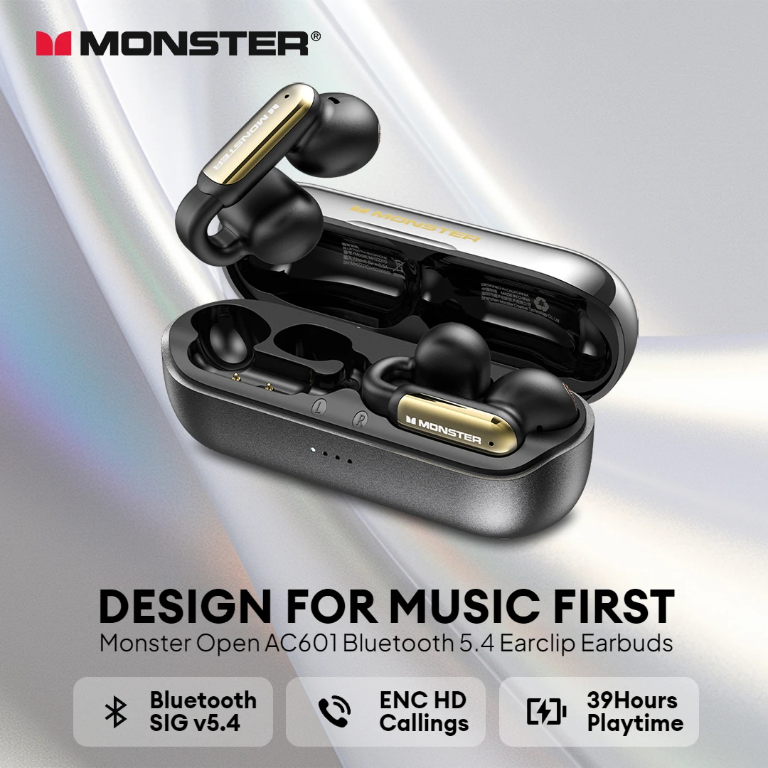 Monster OPEN AC601 auriculares con clip en Bluetooth 5,4 auriculares ENC llamada cancelación de ruido auriculares con micrófono auriculares impermeables