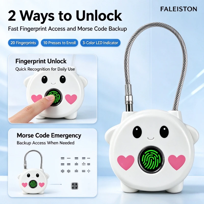 FALEISTON Cute Smart Fingerprint Lock Rechargable Small Portable Morse Code for Bag Luggage Cabinet Safe Padlock