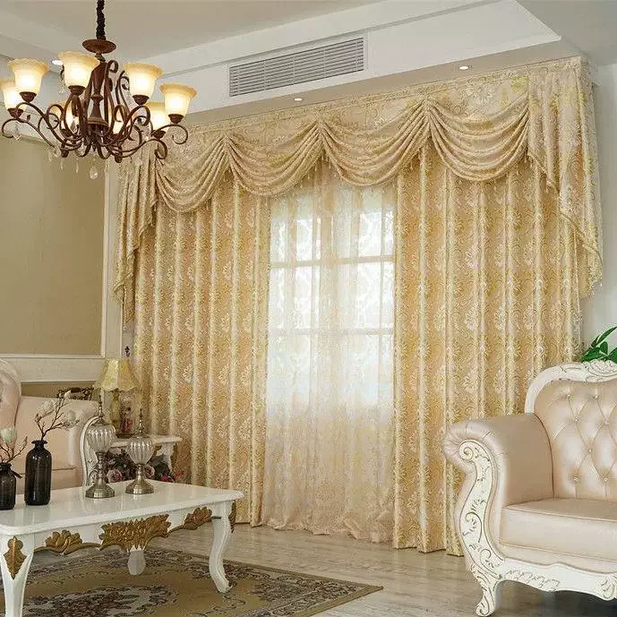 Europäische goldbestickte Volant-Luxusvorhänge für Wohnzimmer, Schlafzimmer, Esszimmer, Verdunkelung, Fenster, Drapierung, Behandlung, Tüll, individuell