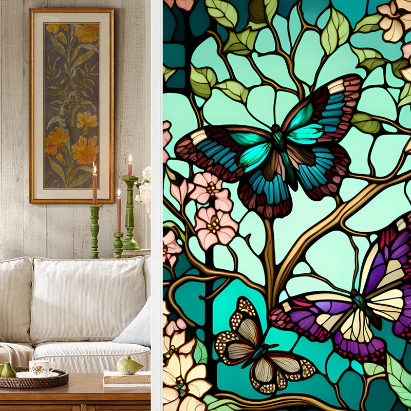 Kleurrijke Retro Bloem Vogel Glasfolie PVC Elektrostatische Glasstickers Gebrandschilderde Glasfolie Statische Cling Frosted Glass Film
