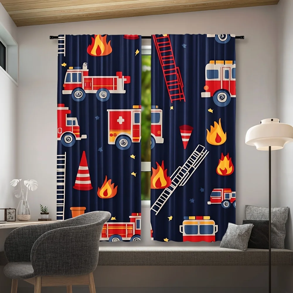 Kids Nursery Curtains Fire Truck Rescue Cartoon Window Drapes Set Playroom Decor Emergency Service Theme Pair