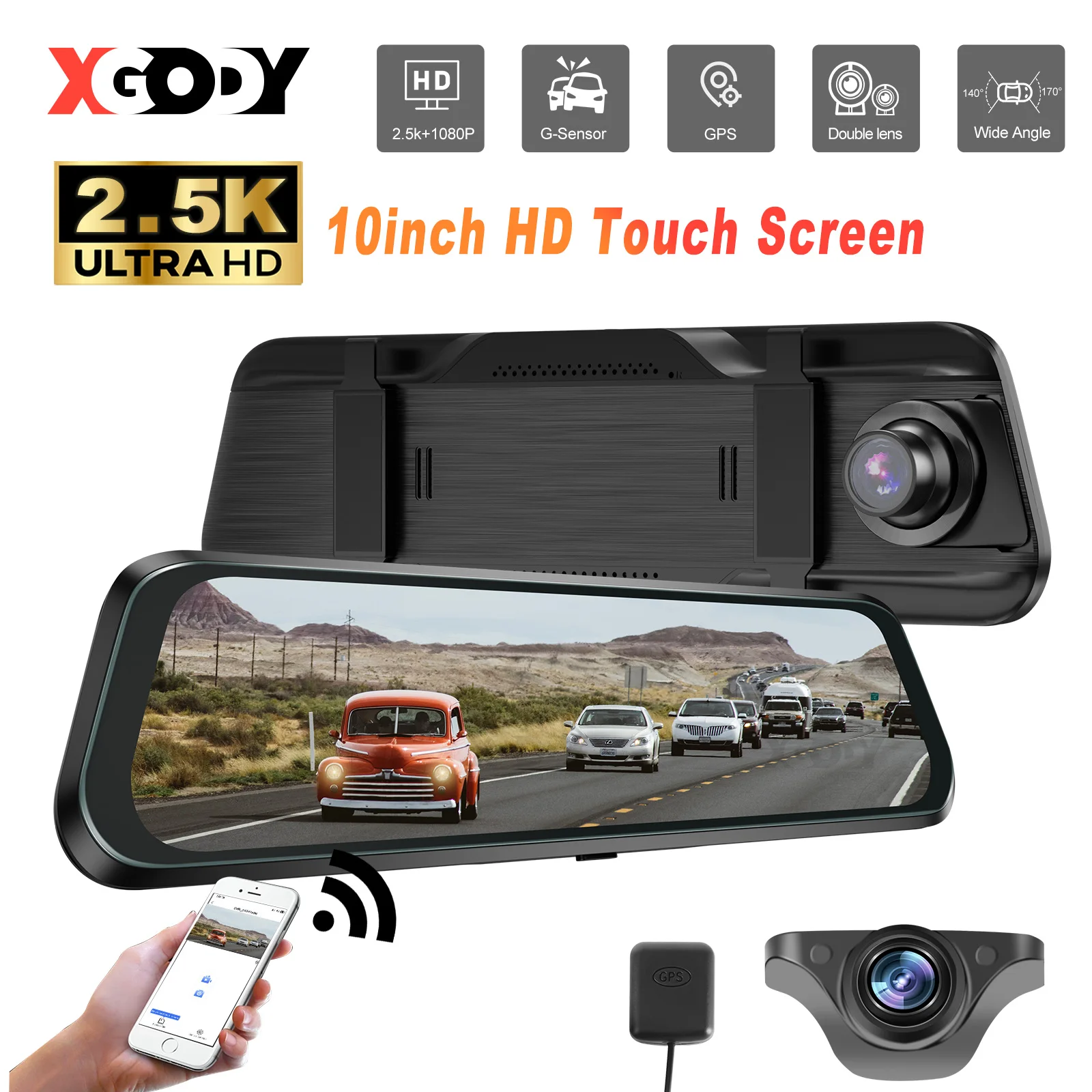 XGODY 2.5K Touch Screen Mirror Dash Cam 10-Inch Front + Rear Dual Lens Video Recorder Night Vision