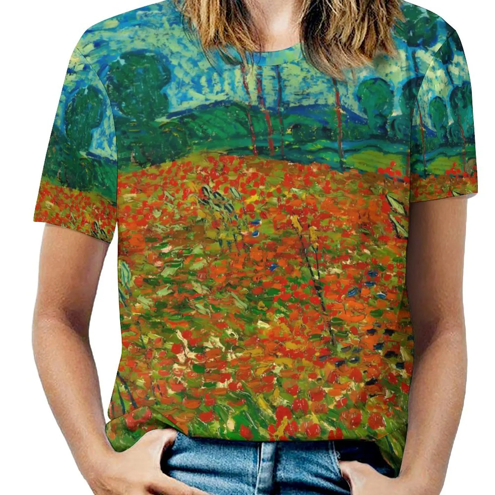 Vincent Van Gogh T-Shirt O Neck Poppy Field Oversized T-Shirts Short-Sleeve Casual Tees Female Summer Kawaii Graphic Clothing