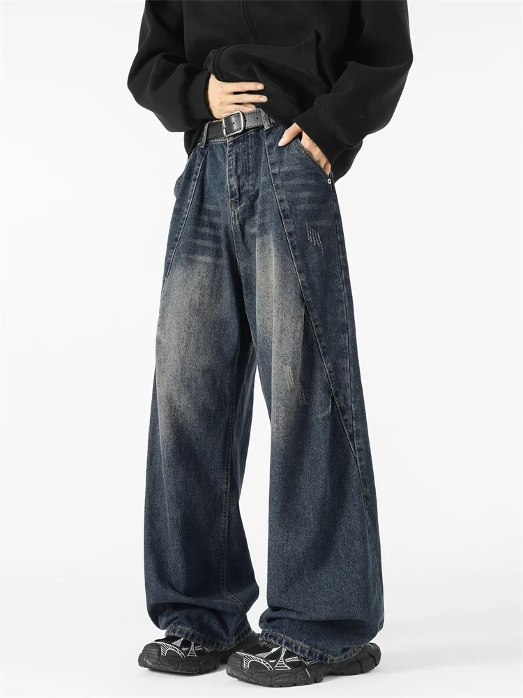 

Washed Patchwork Men's Jeans American Decomposition Design Wide Leg Loose Straight Casual Long Pants High Street Style