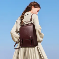 2024 new leather backpack Women's college style schoolbag for college students Retro computer simple cowhide Knapsack