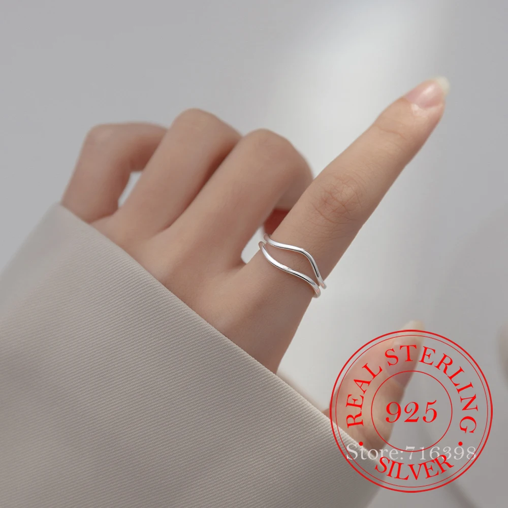 

S925 Sterling Silver Simple 2-layer Wave Finger Rings For Women Grils Simple Party Ring Anillos Mujer Fine Jewelry Wedding Gift