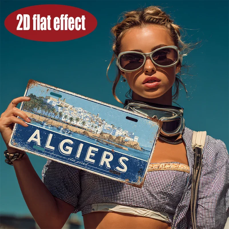 2D Flat,1pc Vintage Metal Sign, Intended Solely for Decoration, Decorative Plaque,Algiers Travel Poster, Retro Home Decoratio