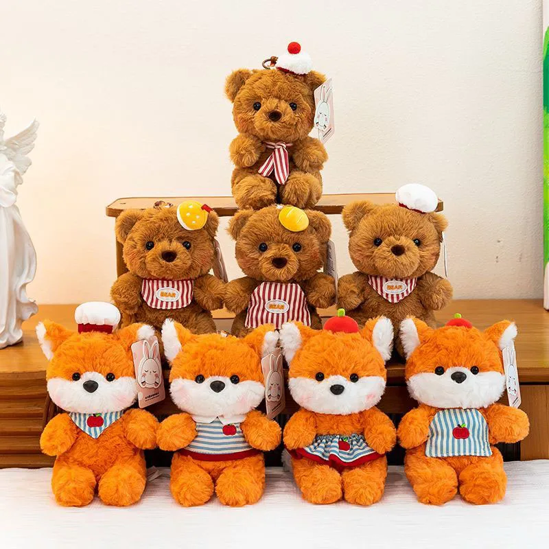 

Cute Fox Bear Plush Keychain Soft Stuffed Animal Bag Pendant with Chef Hat Apron Cartoon Doll Key Ring for Backpack Decoration