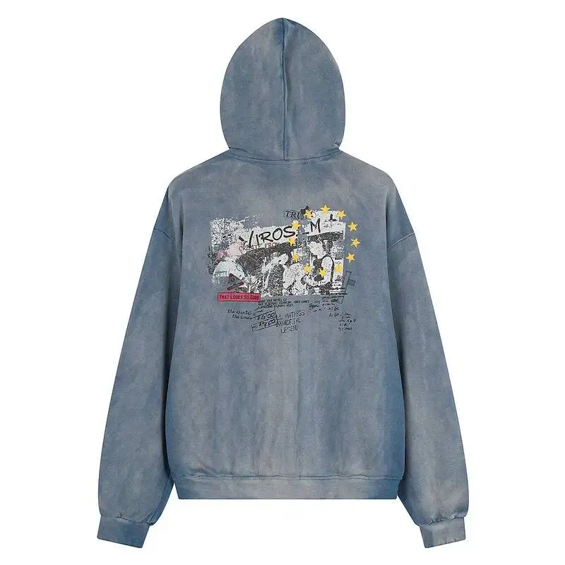 American Washed Vintage Distressed Hooded Sweatshirt Men's Fashion Printed Zipper Cardigan Top 2026 Spring New 2A5M3