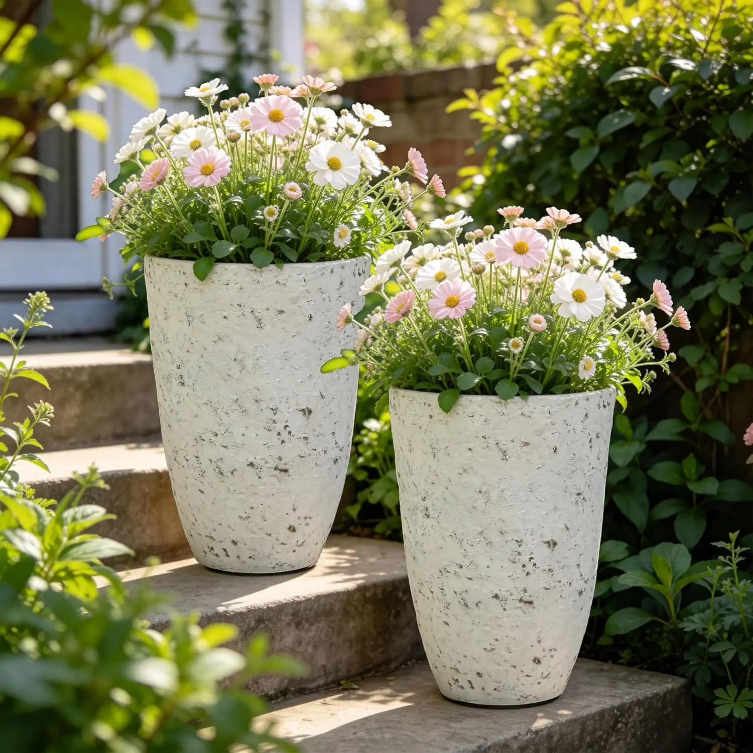 

Autodaya 19.5" Resin Tall Planters for Outdoor Plants, Set of 2 Country White Large Flower Pots with Handmade Birch Bark Texture
