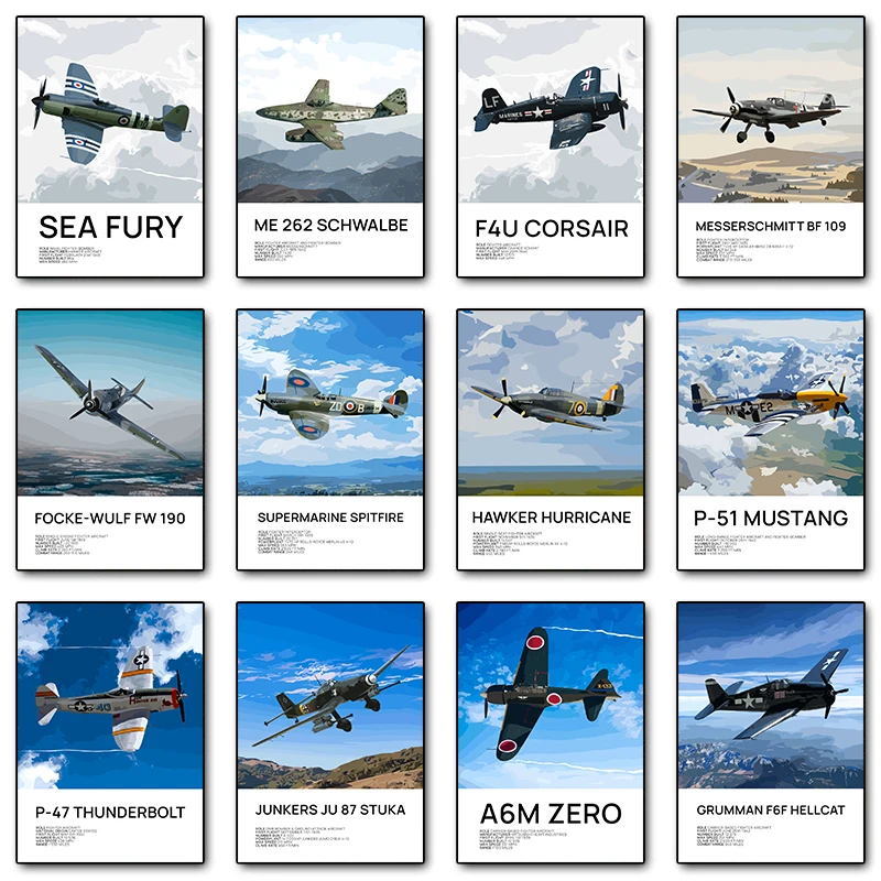 WW2 Vintage Fighter Aircraft Posters Prints Canvas Printing Modern Wall Art Picture for Office Living Room Home Decor No Frame
