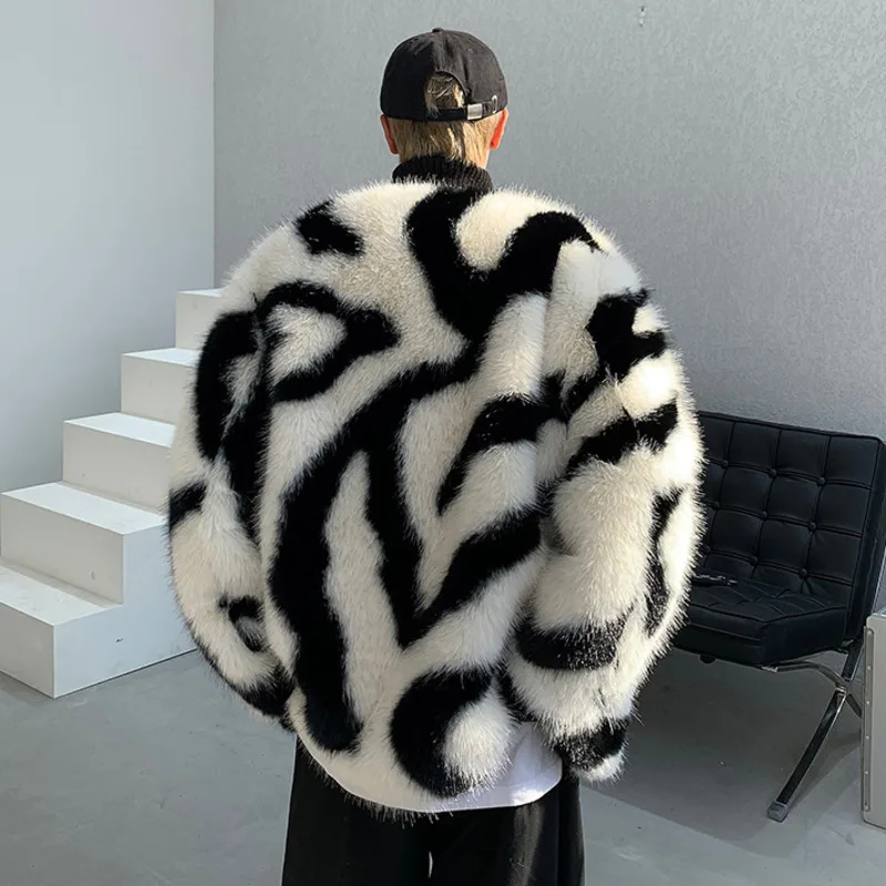 IEFB Male Loose Fur Coat Men\'s Contrast Color Striped Round Neck 2024 Autumn High Street Male Cotton Overcoat Stylish 24A1117