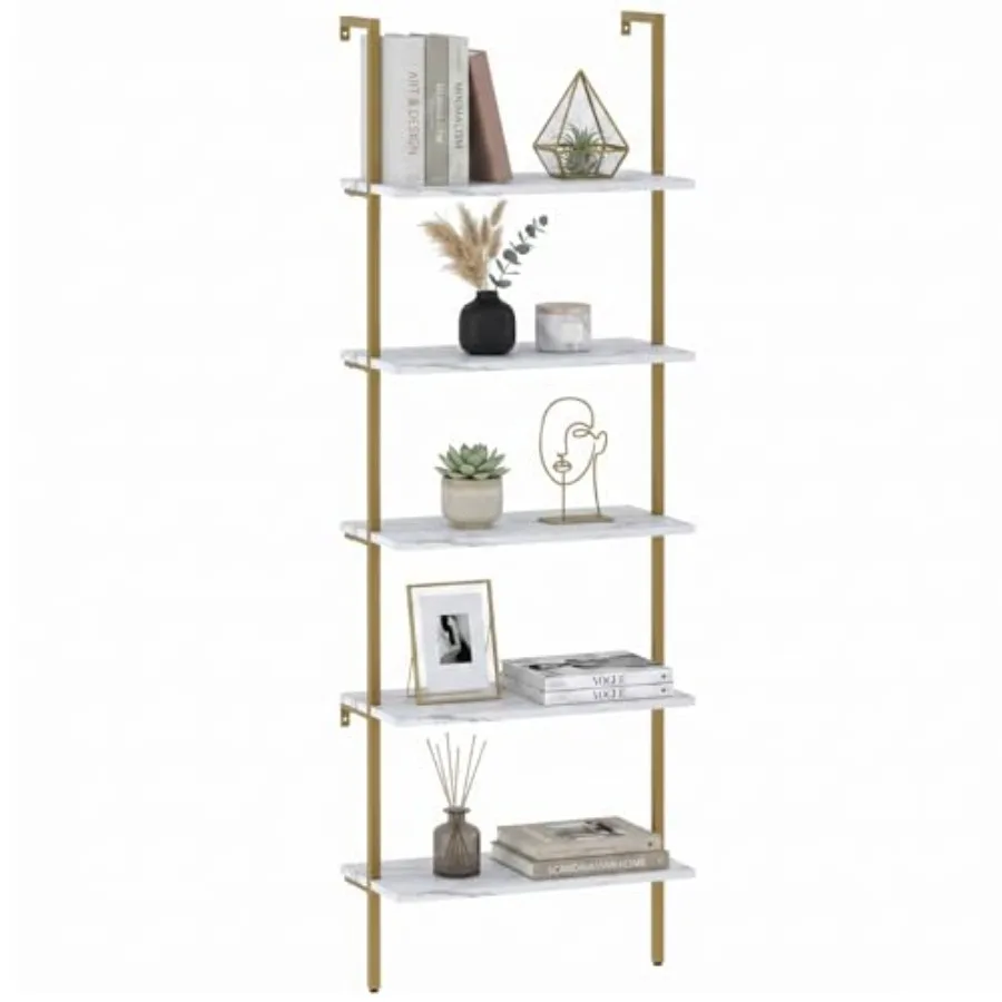 

Ladder Shelf Bookshelf 5-Tier Wall-Mounted Rack Industrial Modern Plant Flower Stand Utility Organizer Open Bookcase Metal Fram