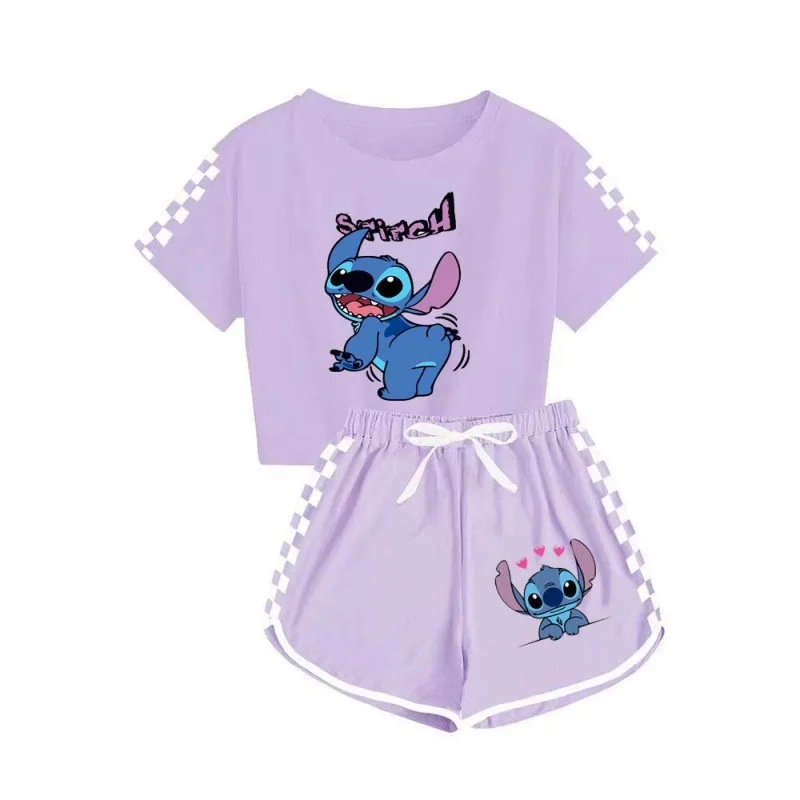 Stitch T-shirt Zestaw szortów Disney Kids Anime Kawaii Ubrania Dzieci Letnia piżama Dziewczynka Chłopiec Sportowe koszulki Spodnie Krótki rękaw