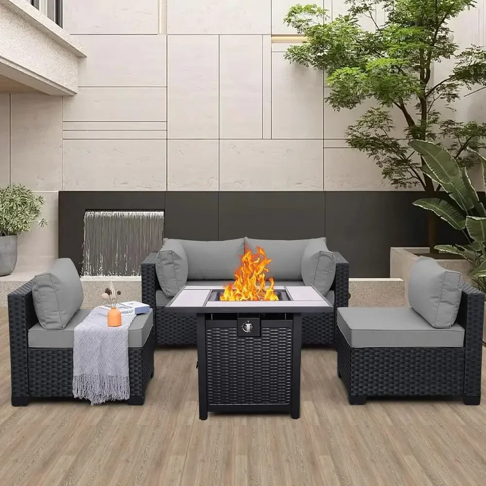 5-Piece Outdoor Patio Furniture Set with Black Rattan Sectional Sofa, Resin Wicker Chairs, Propane Fire Pit Table, and Grey Cush