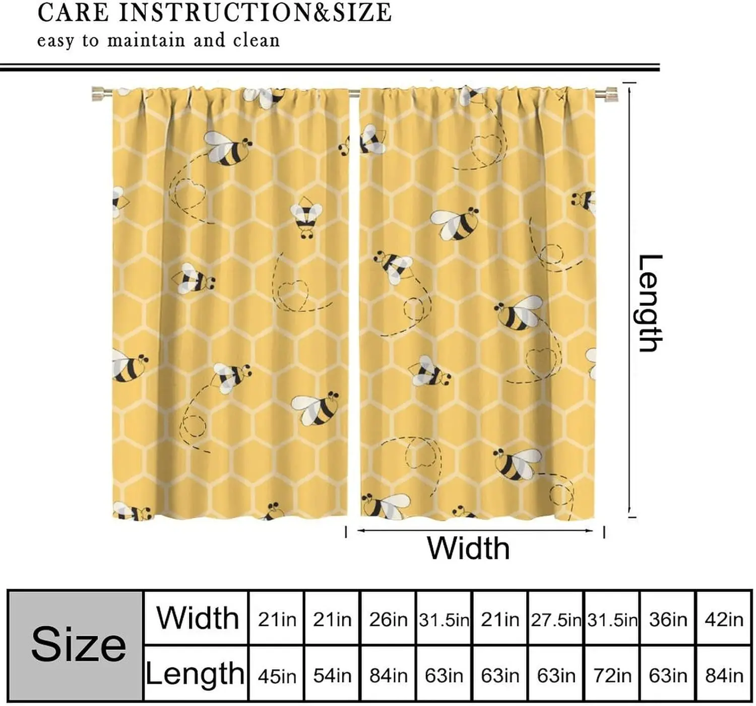 Yellow Honeycomb Bee Pattern Curtains Panels 2pcs Hexagon Window Drapes Summer Living Room Home Decor Curtains
