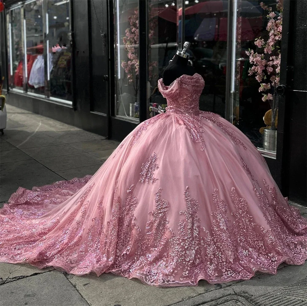 

Розово-розовое кружевное платье Quinceanera с аппликацией и открытыми плечами, милое платье для выпускного вечера для девочек, Vestido De Gala