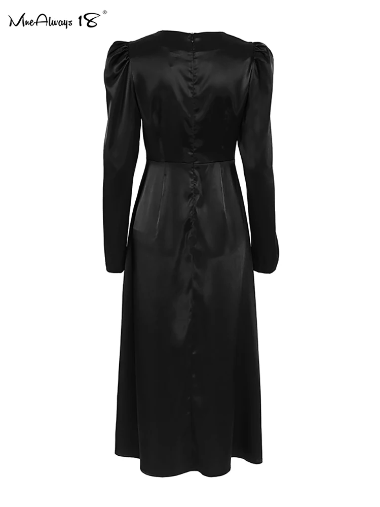 Mnealways18 Black Satin Elegant A-Line Dresses Women Puff Sleeves Pleated Long Dress Round Neck Office Ladies Slim Dress 2024