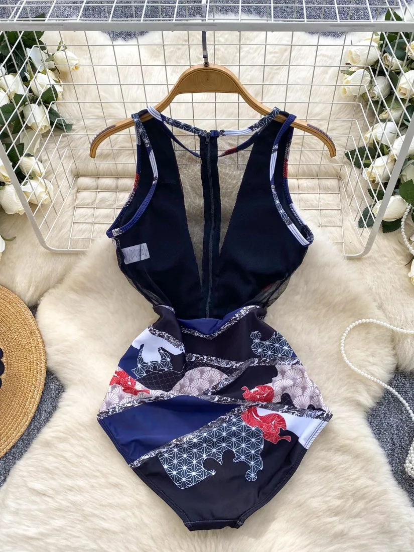 Foamlina-Body europeo sin mangas para mujer, traje de baño Sexy transparente con estampado de almazuela de malla, traje de baño sin mangas