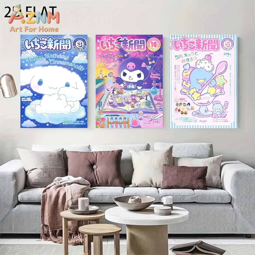 AZNM Sanrio Cinnamoroll Kuromi Canvas Wall Art Unframed Cute Cartoon Magazine Cover Birthday Magic Dessert Theme Print Painting
