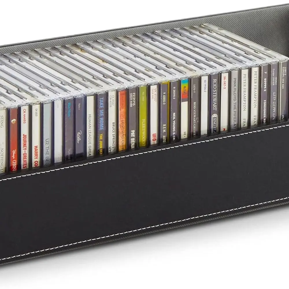 

Компактная кожаная полка для хранения компакт-дисков и DVD, вмещает 40 дисков, идеально подходит для фильмов и кассетов, элегантный черный дизайн