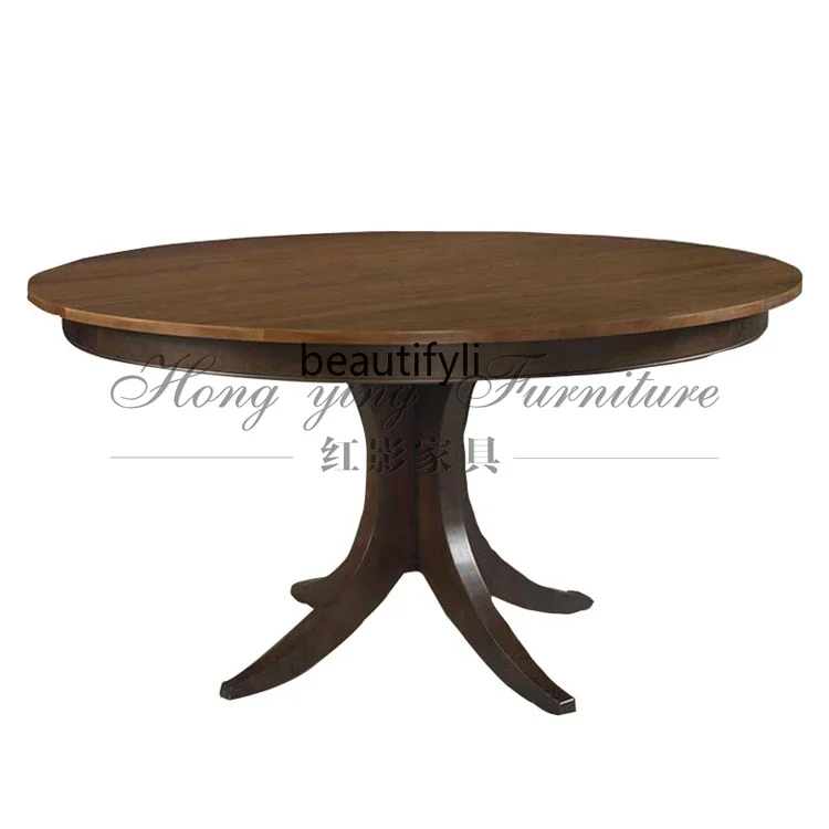 

SS American rural all-solid wood round dining table, retro and simple, home restaurant dining table small apartment New Light Lu