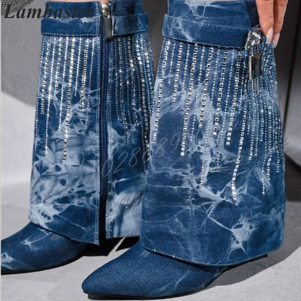 

Mid Calf Blue Denim Crystal Metal Lock Shark Boots Wedges Heel Women Shoes Side Zipper Pointed Toe 2024 Fashion Zapatillas Mujer