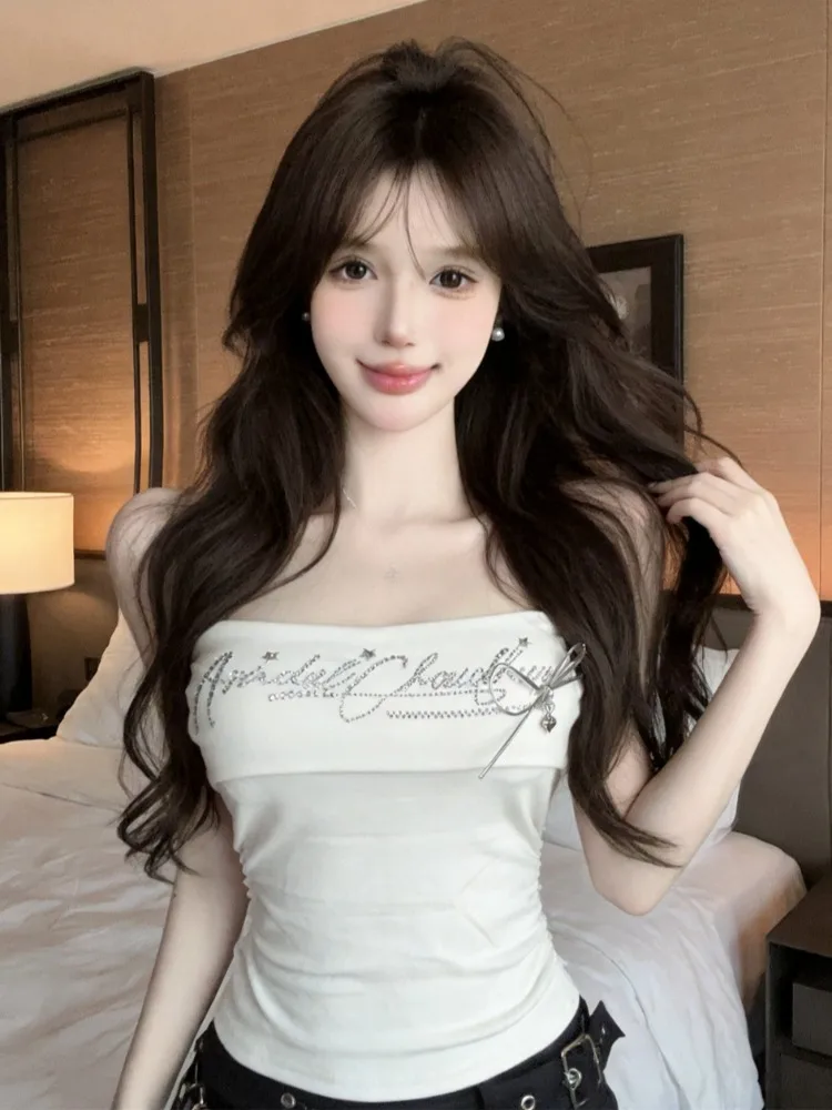 

Sexy Knot Letter Rhinestone Slim Fit Tube Top Summer New Fashion Versatile Anti-Aging Top Women's City Walk Skin-Fr...