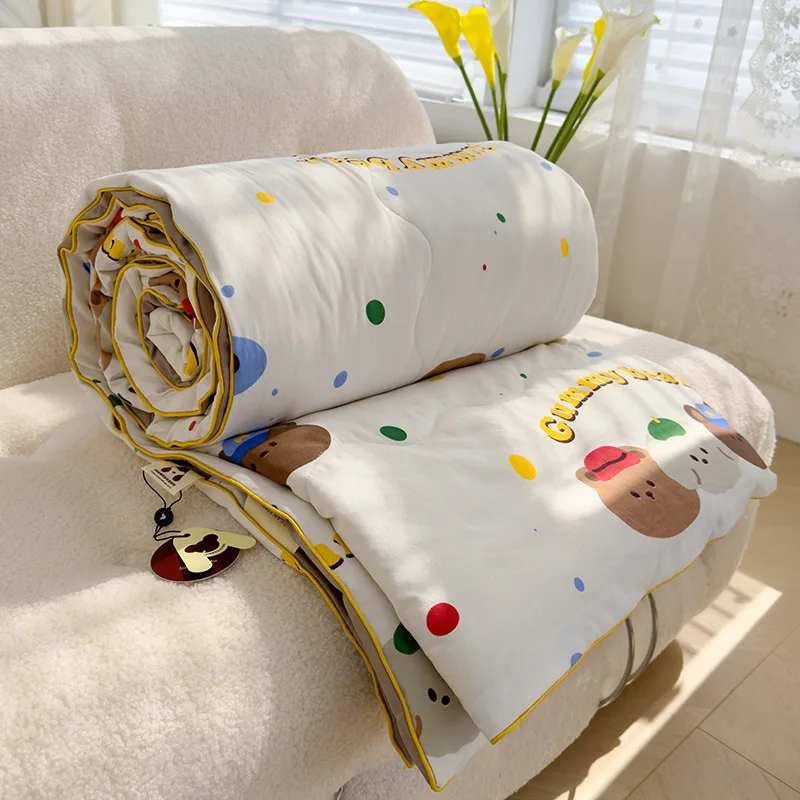 Summer Quilt Floral Print Reactive-Dyed Double-Layer Gauze Lightweight Quilt for Air Conditioner Comforter Single Double Bed