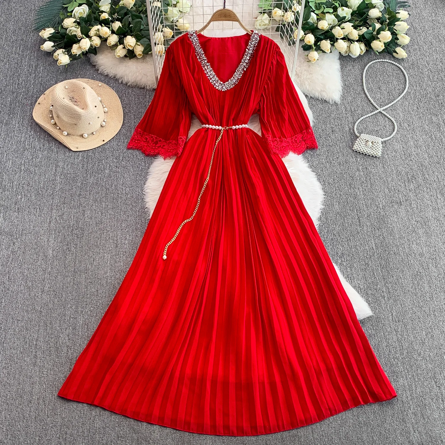 Vintage sexy Strass Spitze geraffte Kleid Chic Sommer Strand Fairycore Vestidos Urlaub Frauen Kleidung