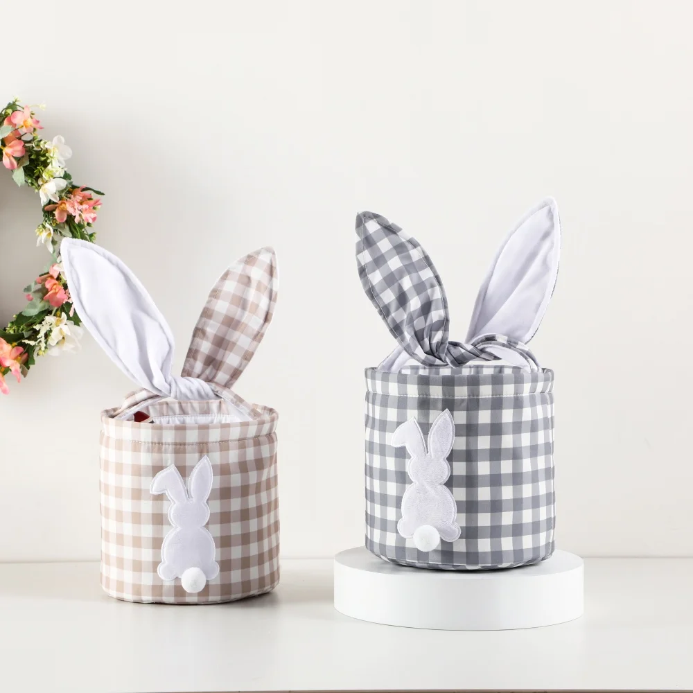 

Plaid Easter Basket With Adjustable Rabbit Ears And White Bunny Applique Cute Candy Gift Bag For Kids Egg Hunts Spring Party