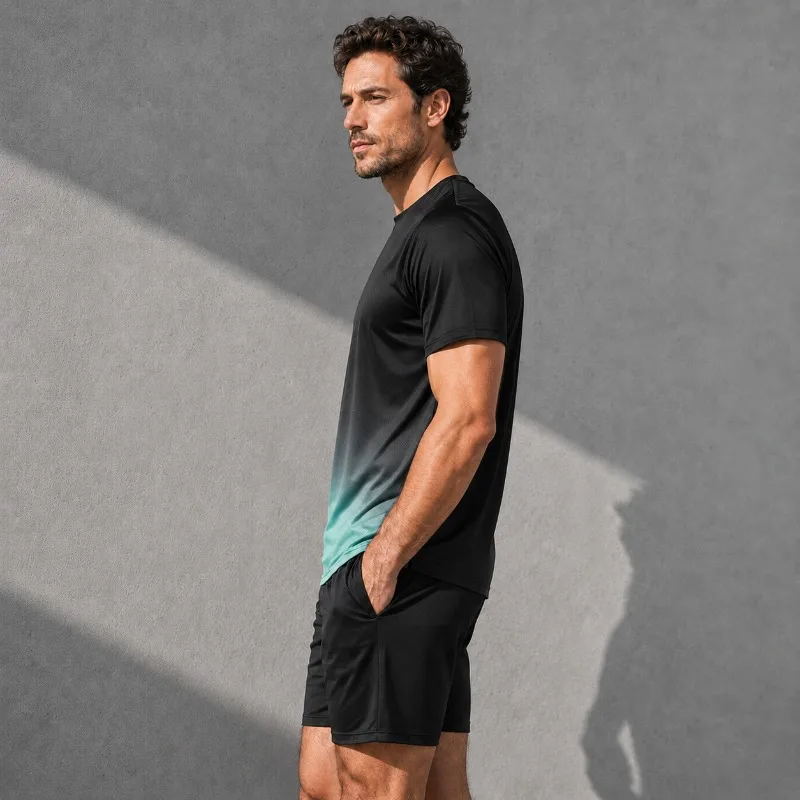 Men Quick Dry Sportswear Set 2 Piece Gradient T Shirt Shorts Lightweight Polyester Summer Gym Running Training Tracksuit view 2