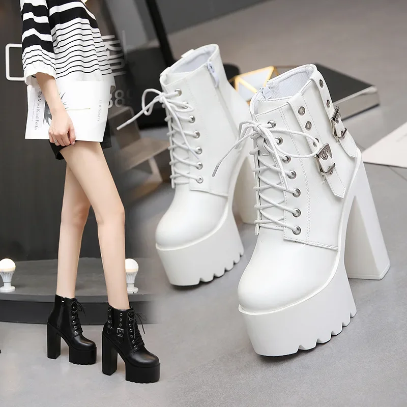 Shoes Woman Pumps Waterproof Wedding Party Shoes PU Lace Up 14CM Thick High Heels Round Toe Platform Dress Women Shoes 2023